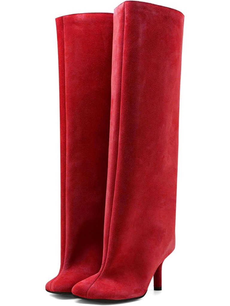 Women's Red Comfortable Pull On Stiletto Heels Square Toe Long Booties